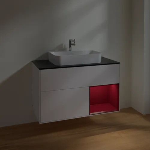 VILLEROY BOCH Toaletní skříňka Finion, s osvětlením, 2 výsuvy, 1000 x 603 x 501 mm, bílý matný lak / pivoňkový matný lak / černé matné sklo #F372HBMT, obrázek 5
