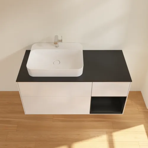 VILLEROY BOCH Toaletní skříňka Finion, s osvětlením, 3 výsuvy, 1200 x 603 x 501 mm, lesklý bílý lak / černý matný lak / černé matné sklo #F402PDGF, obrázek 4