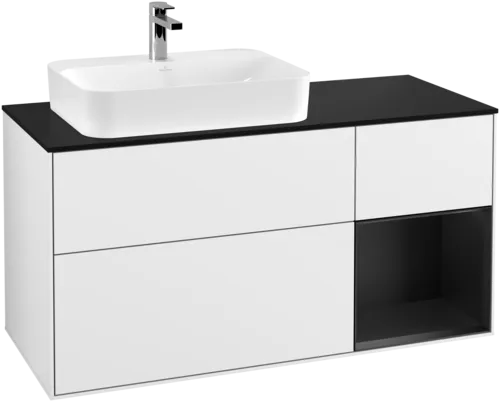 VILLEROY BOCH Toaletní skříňka Finion, s osvětlením, 3 výsuvy, 1200 x 603 x 501 mm, lesklý bílý lak / černý matný lak / černé matné sklo #F402PDGF