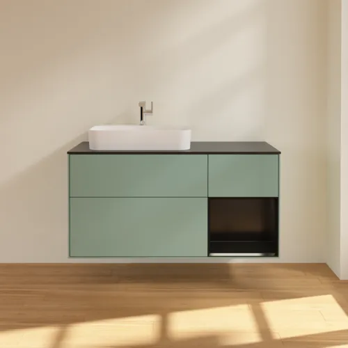 VILLEROY BOCH Toaletní skříňka Finion, s osvětlením, 3 výsuvy, 1200 x 603 x 501 mm, olivový matný lak / černý matný lak / černé matné sklo #F402PDGM, obrázek 3
