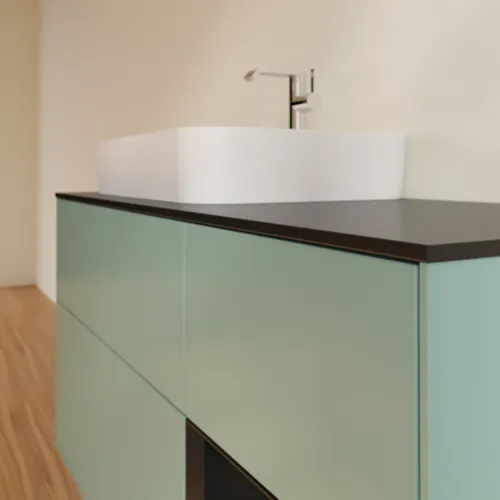 VILLEROY BOCH Toaletní skříňka Finion, s osvětlením, 3 výsuvy, 1200 x 603 x 501 mm, olivový matný lak / černý matný lak / černé matné sklo #F402PDGM, obrázek 6