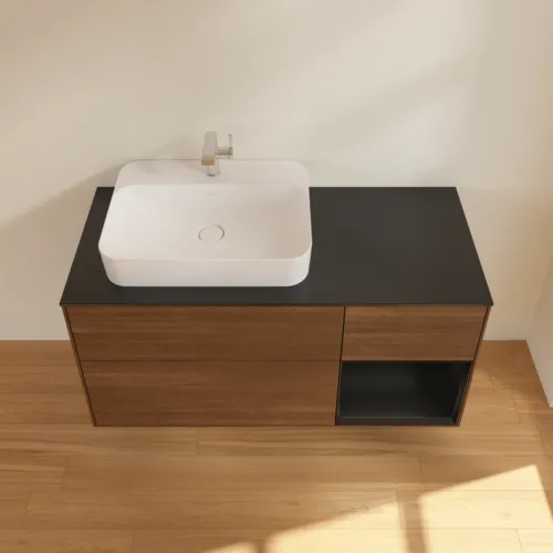 VILLEROY BOCH Toaletní skříňka Finion, s osvětlením, 3 výsuvy, 1200 x 603 x 501 mm, ořechová dýha / černý matný lak / černé matné sklo #F402PDGN, obrázek 4
