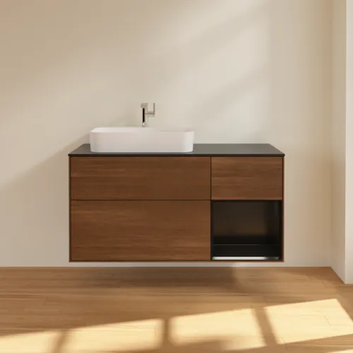 VILLEROY BOCH Toaletní skříňka Finion, s osvětlením, 3 výsuvy, 1200 x 603 x 501 mm, ořechová dýha / černý matný lak / černé matné sklo #F402PDGN, obrázek 3