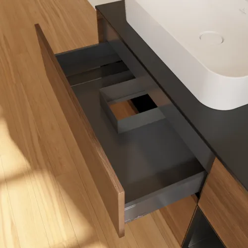 VILLEROY BOCH Toaletní skříňka Finion, s osvětlením, 3 výsuvy, 1200 x 603 x 501 mm, ořechová dýha / černý matný lak / černé matné sklo #F402PDGN, obrázek 8