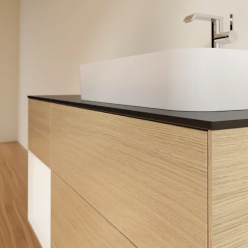 VILLEROY BOCH Toaletní skříňka Finion, s osvětlením, 3 výsuvy, 1200 x 603 x 501 mm, dubová dýha / bílý matný lak / černé matné sklo #F392MTPC, obrázek 6