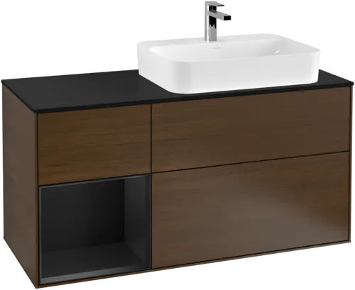 VILLEROY BOCH Toaletní skříňka Finion, s osvětlením, 3 výsuvy, 1200 x 603 x 501 mm, ořechová dýha / černý matný lak / černé matné sklo #F392PDGN, obrázek 1