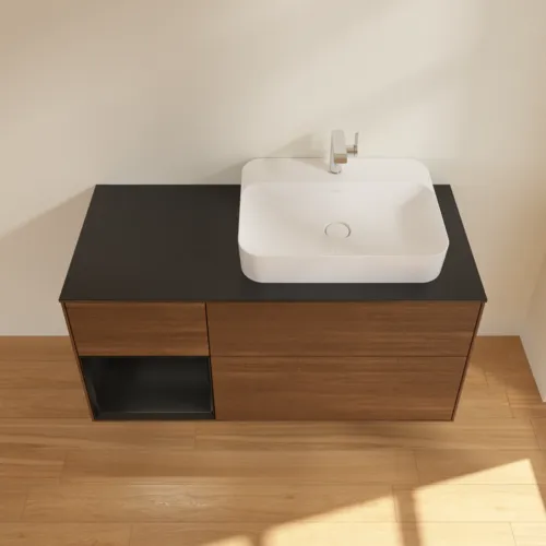 VILLEROY BOCH Toaletní skříňka Finion, s osvětlením, 3 výsuvy, 1200 x 603 x 501 mm, ořechová dýha / černý matný lak / černé matné sklo #F392PDGN, obrázek 4