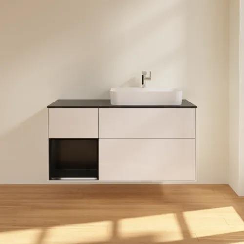 VILLEROY BOCH Toaletní skříňka Finion, s osvětlením, 3 výsuvy, 1200 x 603 x 501 mm, lesklý bílý lak / černý matný lak / černé matné sklo #F392PDGF, obrázek 3