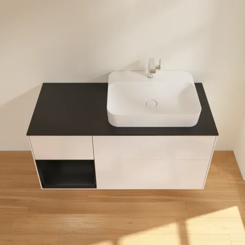 VILLEROY BOCH Toaletní skříňka Finion, s osvětlením, 3 výsuvy, 1200 x 603 x 501 mm, lesklý bílý lak / černý matný lak / černé matné sklo #F392PDGF, obrázek 4