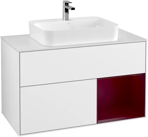 VILLEROY BOCH Toaletní skříňka Finion, s osvětlením, 2 výsuvy, 1000 x 603 x 501 mm, lesklý bílý lak / matný lak Pivoňka / matné bílé sklo #F371HBGF, obrázek 1