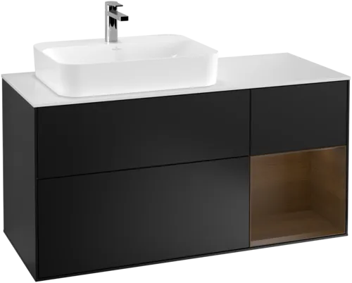 VILLEROY BOCH Toaletní skříňka Finion, s osvětlením, 3 výsuvy, 1200 x 603 x 501 mm, černý matný lak / ořechová dýha / bílé matné sklo #F401GNPD