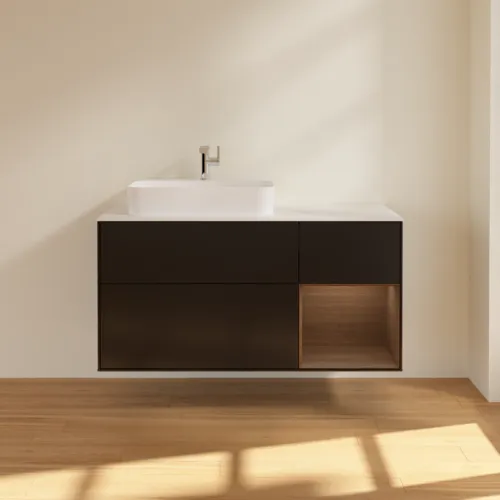 VILLEROY BOCH Toaletní skříňka Finion, s osvětlením, 3 výsuvy, 1200 x 603 x 501 mm, černý matný lak / ořechová dýha / bílé matné sklo #F401GNPD, obrázek 3