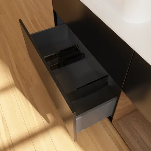 VILLEROY BOCH Toaletní skříňka Finion, s osvětlením, 3 výsuvy, 1200 x 603 x 501 mm, černý matný lak / ořechová dýha / bílé matné sklo #F401GNPD, obrázek 7