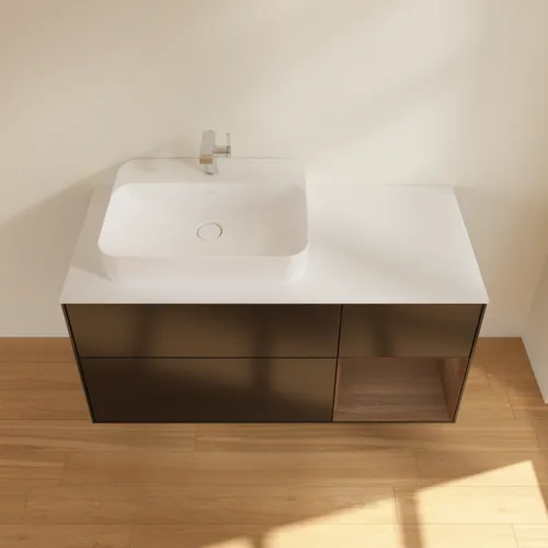 VILLEROY BOCH Toaletní skříňka Finion, s osvětlením, 3 výsuvy, 1200 x 603 x 501 mm, černý matný lak / ořechová dýha / bílé matné sklo #F401GNPD, obrázek 4