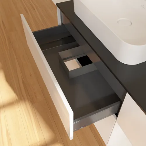 VILLEROY BOCH Toaletní skříňka Finion, s osvětlením, 3 výsuvy, 1200 x 603 x 501 mm, lesklý bílý lak / lesklý bílý lak / sklo černé matné #F402GFGF, obrázek 8
