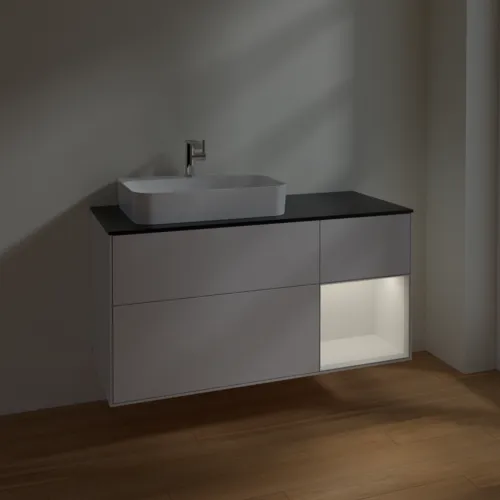 VILLEROY BOCH Toaletní skříňka Finion, s osvětlením, 3 výsuvy, 1200 x 603 x 501 mm, lesklý bílý lak / lesklý bílý lak / sklo černé matné #F402GFGF, obrázek 5