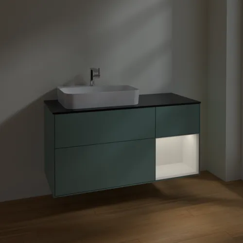 VILLEROY BOCH Toaletní skříňka Finion, s osvětlením, 3 výsuvy, 1200 x 603 x 501 mm, olivový matný lak / lesklý bílý lak / sklo černé matné #F402GFGM, obrázek 5