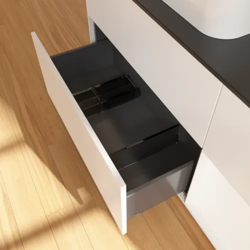 VILLEROY BOCH Toaletní skříňka Finion, s osvětlením, 3 výsuvy, 1200 x 603 x 501 mm, bílý matný lak / bílý matný lak / černé matné sklo #F402MTMT, obrázek 7