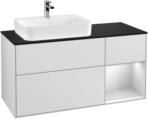 VILLEROY BOCH Toaletní skříňka Finion, s osvětlením, 3 výsuvy, 1200 x 603 x 501 mm, bílý matný lak / bílý matný lak / černé matné sklo #F402MTMT, obrázek 1