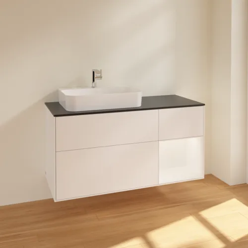 VILLEROY BOCH Toaletní skříňka Finion, s osvětlením, 3 výsuvy, 1200 x 603 x 501 mm, bílý matný lak / bílý matný lak / černé matné sklo #F402MTMT, obrázek 2