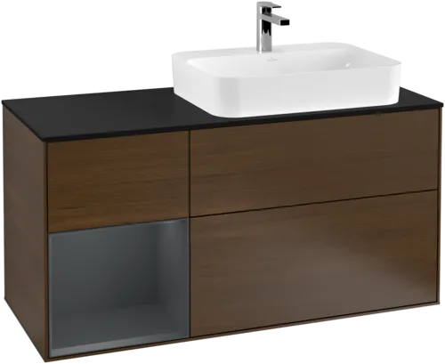 VILLEROY BOCH Toaletní skříňka Finion, s osvětlením, 3 výsuvy, 1200 x 603 x 501 mm, ořechová dýha / půlnočně modrý matný lak / černé matné sklo #F392HGGN, obrázek 1