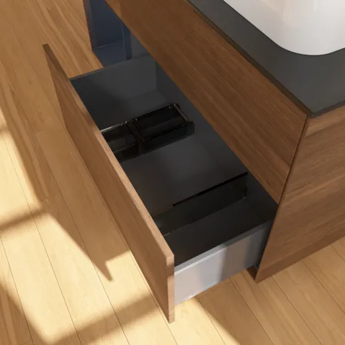 VILLEROY BOCH Toaletní skříňka Finion, s osvětlením, 3 výsuvy, 1200 x 603 x 501 mm, ořechová dýha / půlnočně modrý matný lak / černé matné sklo #F392HGGN, obrázek 7
