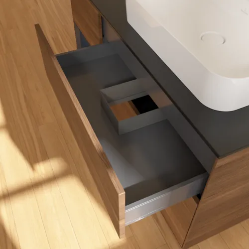 VILLEROY BOCH Toaletní skříňka Finion, s osvětlením, 3 výsuvy, 1200 x 603 x 501 mm, ořechová dýha / půlnočně modrý matný lak / černé matné sklo #F392HGGN, obrázek 8