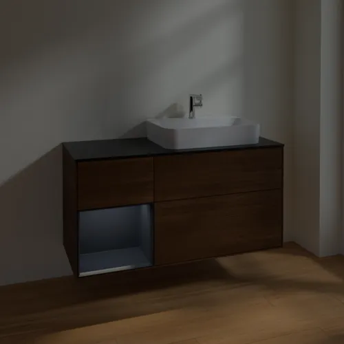 VILLEROY BOCH Toaletní skříňka Finion, s osvětlením, 3 výsuvy, 1200 x 603 x 501 mm, ořechová dýha / půlnočně modrý matný lak / černé matné sklo #F392HGGN, obrázek 5