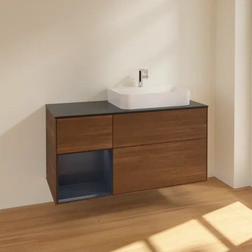 VILLEROY BOCH Toaletní skříňka Finion, s osvětlením, 3 výsuvy, 1200 x 603 x 501 mm, ořechová dýha / půlnočně modrý matný lak / černé matné sklo #F392HGGN, obrázek 2