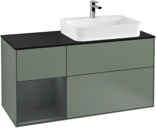 VILLEROY BOCH Toaletní skříňka Finion, s osvětlením, 3 výsuvy, 1200 x 603 x 501 mm, olivový matný lak / půlnoční modrý matný lak / černé matné sklo #F392HGGM, obrázek 1
