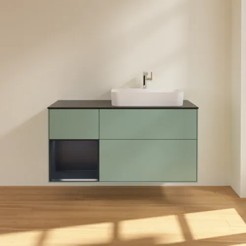 VILLEROY BOCH Toaletní skříňka Finion, s osvětlením, 3 výsuvy, 1200 x 603 x 501 mm, olivový matný lak / půlnoční modrý matný lak / černé matné sklo #F392HGGM, obrázek 3
