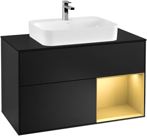 VILLEROY BOCH Toaletní skříňka Finion, s osvětlením, 2 výsuvy, 1000 x 603 x 501 mm, černý matný lak / zlatý matný lak / černé matné sklo #F372HFPD