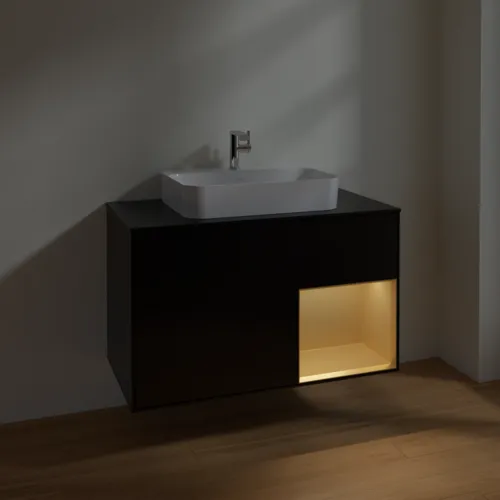 VILLEROY BOCH Toaletní skříňka Finion, s osvětlením, 2 výsuvy, 1000 x 603 x 501 mm, černý matný lak / zlatý matný lak / černé matné sklo #F372HFPD, obrázek 5