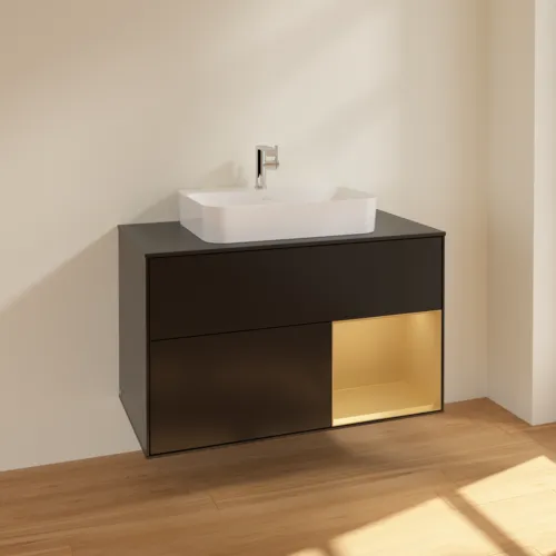 VILLEROY BOCH Toaletní skříňka Finion, s osvětlením, 2 výsuvy, 1000 x 603 x 501 mm, černý matný lak / zlatý matný lak / černé matné sklo #F372HFPD, obrázek 2
