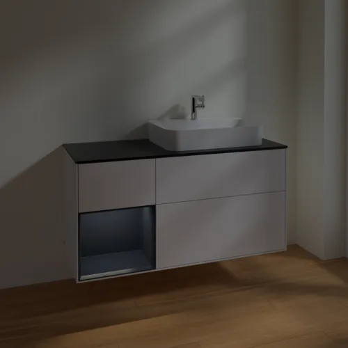 VILLEROY BOCH Toaletní skříňka Finion, s osvětlením, 3 výsuvy, 1200 x 603 x 501 mm, lesklý bílý lak / půlnoční modrý matný lak / černé matné sklo #F392HGGF, obrázek 5