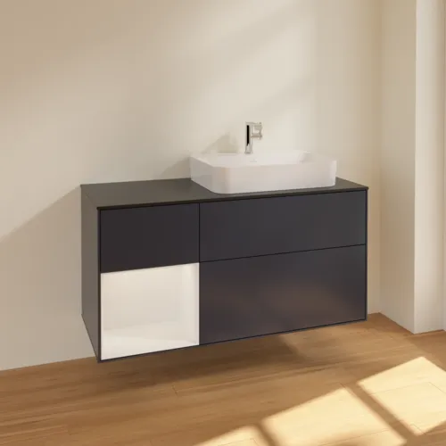 VILLEROY BOCH Toaletní skříňka Finion, s osvětlením, 3 výsuvy, 1200 x 603 x 501 mm, Midnight Blue Matt Lacquer / Glossy White Lacquer / Glass Black Matt #F392GFHG, obrázek 2