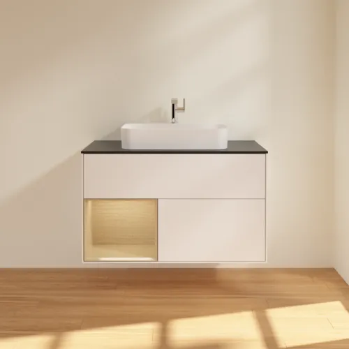 VILLEROY BOCH Toaletní skříňka Finion, s osvětlením, 2 výsuvy, 1000 x 603 x 501 mm, bílý matný lak / dubová dýha / černé matné sklo #F362PCMT, obrázek 3
