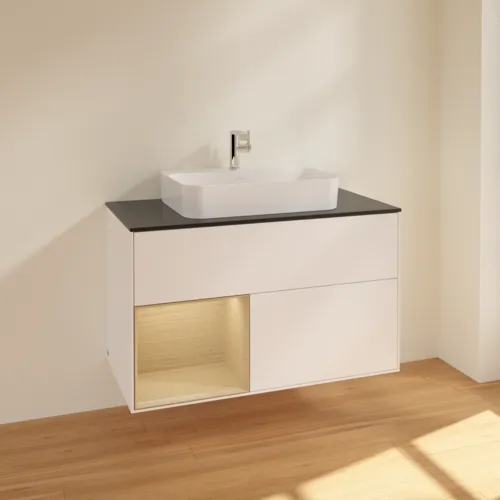 VILLEROY BOCH Toaletní skříňka Finion, s osvětlením, 2 výsuvy, 1000 x 603 x 501 mm, bílý matný lak / dubová dýha / černé matné sklo #F362PCMT, obrázek 2