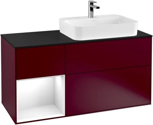 VILLEROY BOCH Toaletní skříňka Finion, s osvětlením, 3 výsuvy, 1200 x 603 x 501 mm, matný lak Peony / lesklý bílý lak / černé matné sklo #F392GFHB