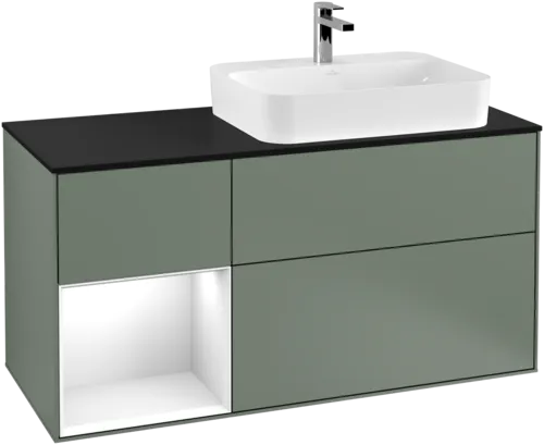 VILLEROY BOCH Toaletní skříňka Finion, s osvětlením, 3 výsuvy, 1200 x 603 x 501 mm, olivový matný lak / lesklý bílý lak / sklo černé matné #F392GFGM