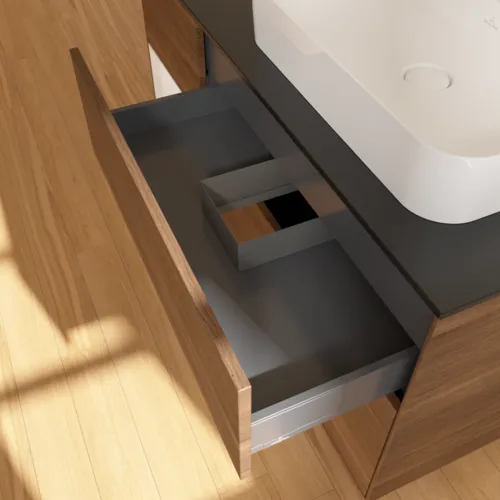 VILLEROY BOCH Toaletní skříňka Finion, s osvětlením, 3 výsuvy, 1200 x 603 x 501 mm, ořechová dýha / lesklý bílý lak / sklo černé matné #F392GFGN, obrázek 8