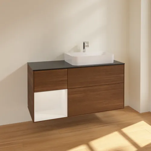 VILLEROY BOCH Toaletní skříňka Finion, s osvětlením, 3 výsuvy, 1200 x 603 x 501 mm, ořechová dýha / lesklý bílý lak / sklo černé matné #F392GFGN, obrázek 2