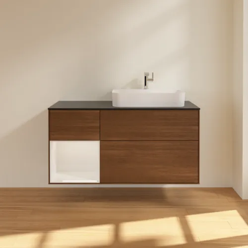VILLEROY BOCH Toaletní skříňka Finion, s osvětlením, 3 výsuvy, 1200 x 603 x 501 mm, ořechová dýha / lesklý bílý lak / sklo černé matné #F392GFGN, obrázek 3