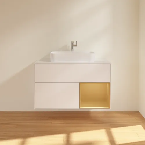 VILLEROY BOCH Toaletní skříňka Finion, s osvětlením, 2 výsuvy, 1000 x 603 x 501 mm, bílý matný lak / zlatý matný lak / sklo bílé matné #F371HFMT, obrázek 3