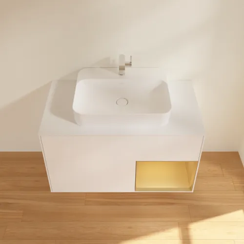 VILLEROY BOCH Toaletní skříňka Finion, s osvětlením, 2 výsuvy, 1000 x 603 x 501 mm, bílý matný lak / zlatý matný lak / sklo bílé matné #F371HFMT, obrázek 4