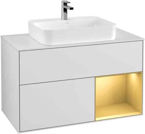 VILLEROY BOCH Toaletní skříňka Finion, s osvětlením, 2 výsuvy, 1000 x 603 x 501 mm, bílý matný lak / zlatý matný lak / sklo bílé matné #F371HFMT, obrázek 1