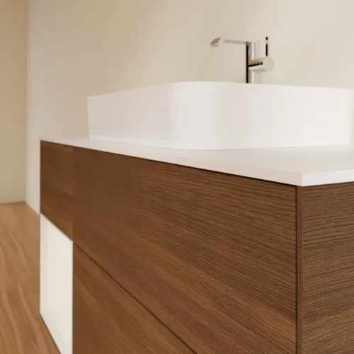 VILLEROY BOCH Toaletní skříňka Finion, s osvětlením, 3 výsuvy, 1200 x 603 x 501 mm, ořechová dýha / lesklý bílý lak / sklo bílé matné #F411GFGN, obrázek 6
