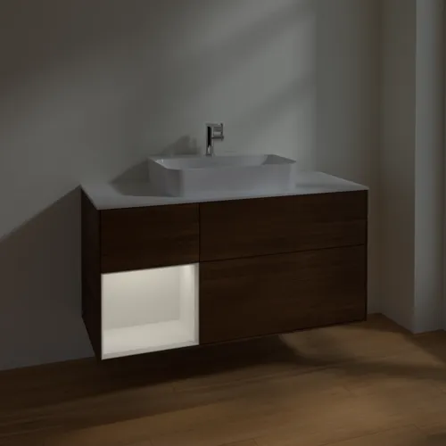 VILLEROY BOCH Toaletní skříňka Finion, s osvětlením, 3 výsuvy, 1200 x 603 x 501 mm, ořechová dýha / lesklý bílý lak / sklo bílé matné #F411GFGN, obrázek 5