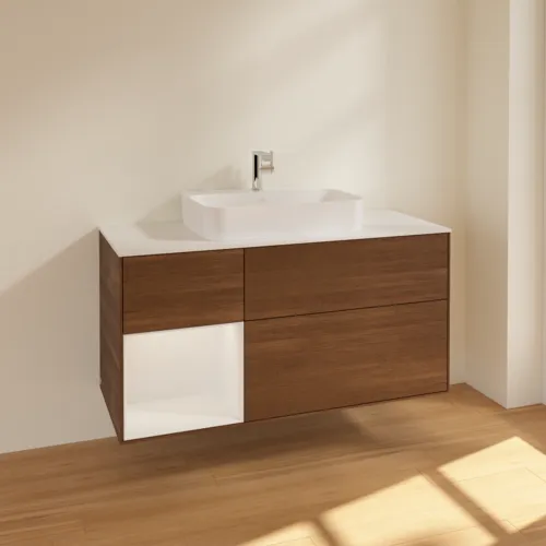 VILLEROY BOCH Toaletní skříňka Finion, s osvětlením, 3 výsuvy, 1200 x 603 x 501 mm, ořechová dýha / lesklý bílý lak / sklo bílé matné #F411GFGN, obrázek 2