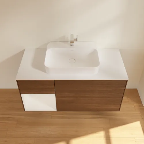 VILLEROY BOCH Toaletní skříňka Finion, s osvětlením, 3 výsuvy, 1200 x 603 x 501 mm, ořechová dýha / lesklý bílý lak / sklo bílé matné #F411GFGN, obrázek 4